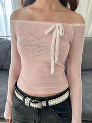 PINK LOOSE FIT LONG SLEEVE TOP WITH HEART AND RIBBON DETAIL