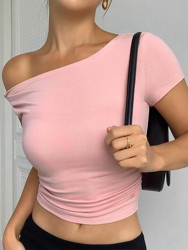 PINK ONE-SHOULDER CROP TOP SLIM FIT CASUAL SHORT DESIGN