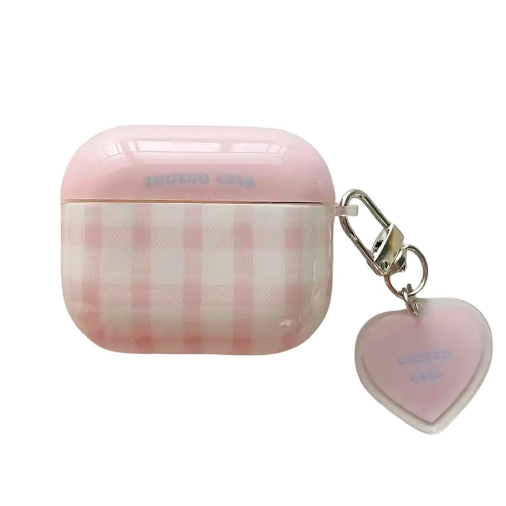 PINK PLAID AIRPODS CASE HEART CHARM SOFT GIRL AIRPODS