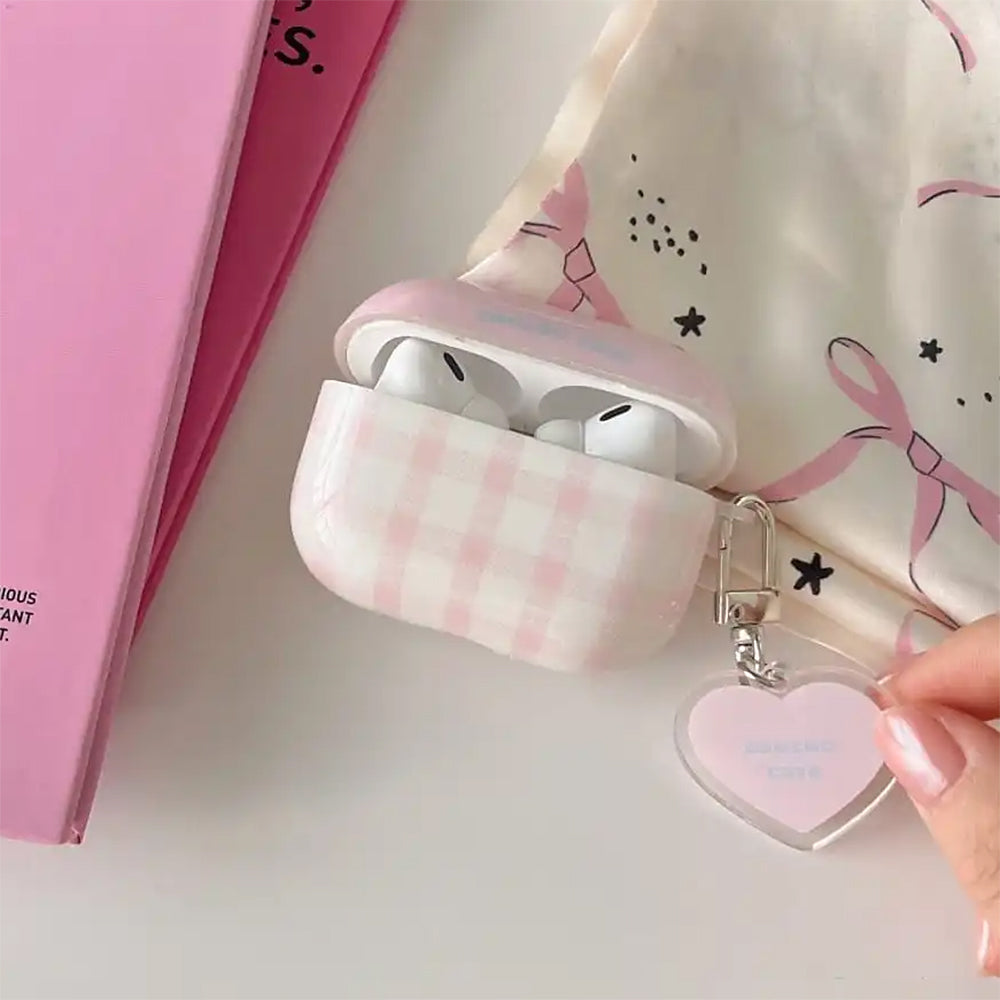 PINK PLAID AIRPODS CASE HEART CHARM SOFT GIRL AIRPODS