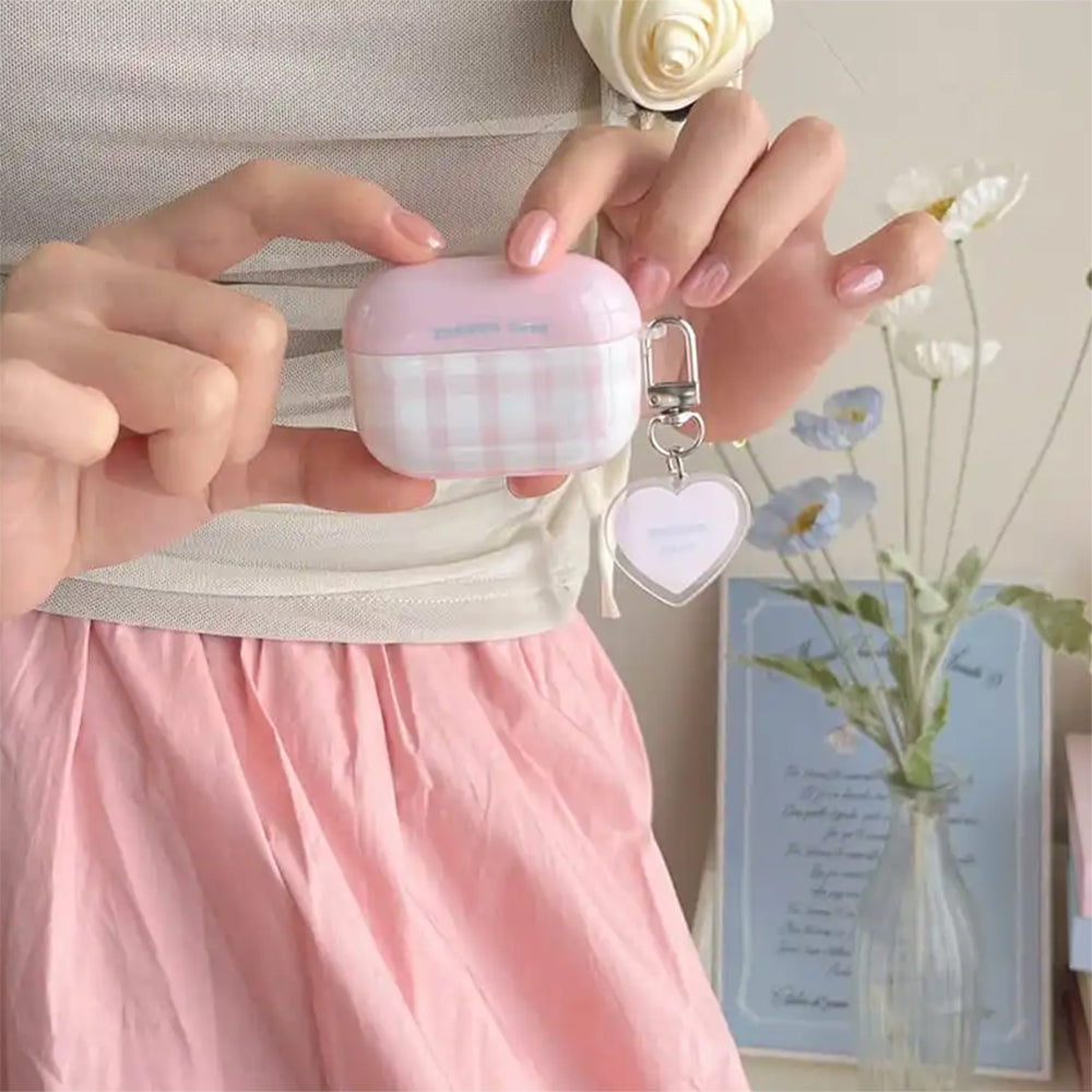 PINK PLAID AIRPODS CASE HEART CHARM SOFT GIRL AIRPODS
