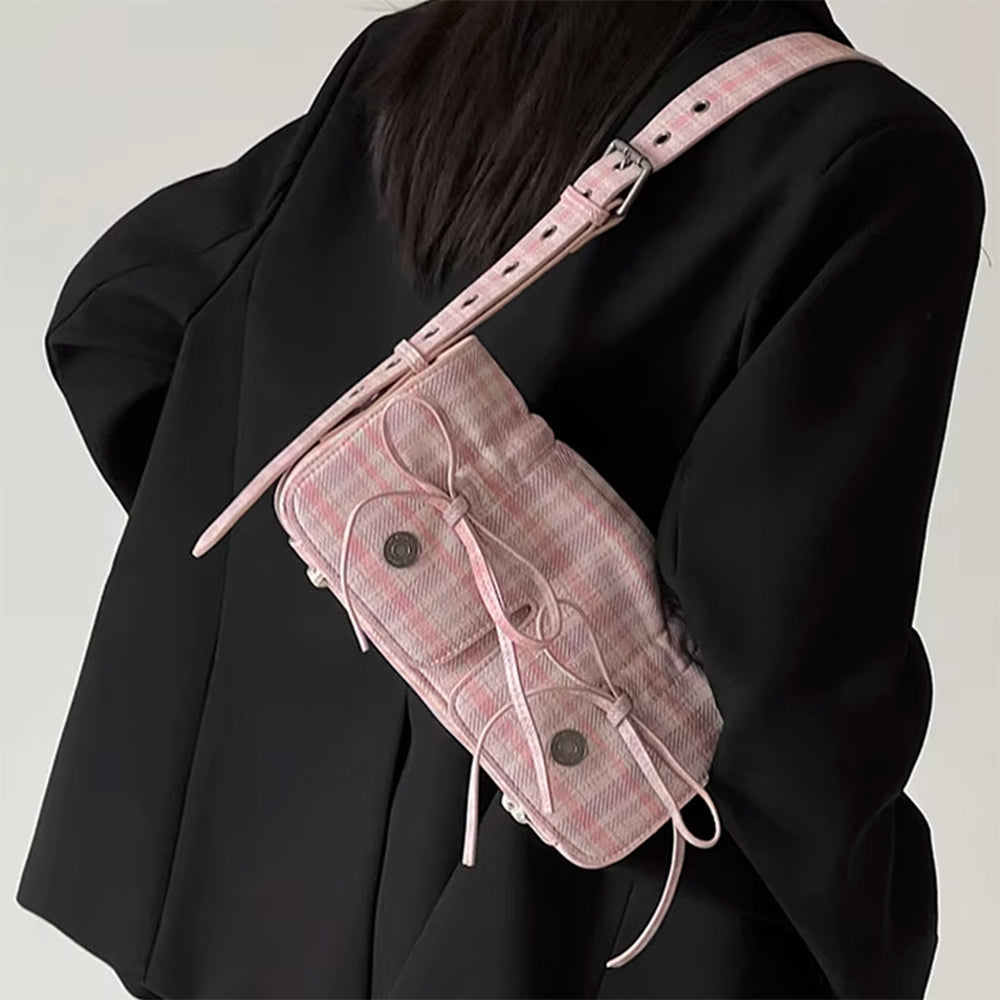 PINK PLAID VEGAN LEATHER TOTE BAG