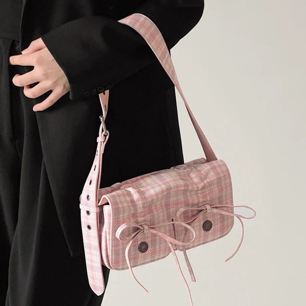 PINK PLAID VEGAN LEATHER TOTE BAG