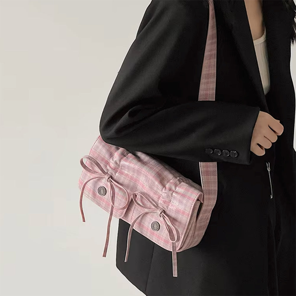 PINK PLAID VEGAN LEATHER TOTE BAG