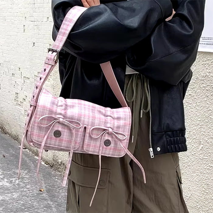 PINK PLAID VEGAN LEATHER TOTE BAG