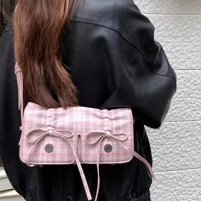 PINK PLAID VEGAN LEATHER TOTE BAG