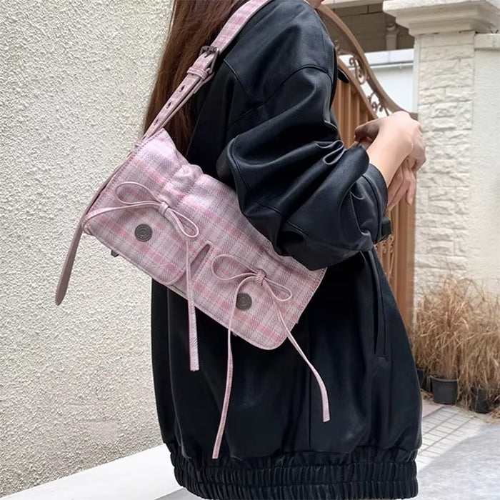 PINK PLAID VEGAN LEATHER TOTE BAG