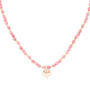 Pink Rhodonite and Golden Bronze Heart Pendant Necklace
