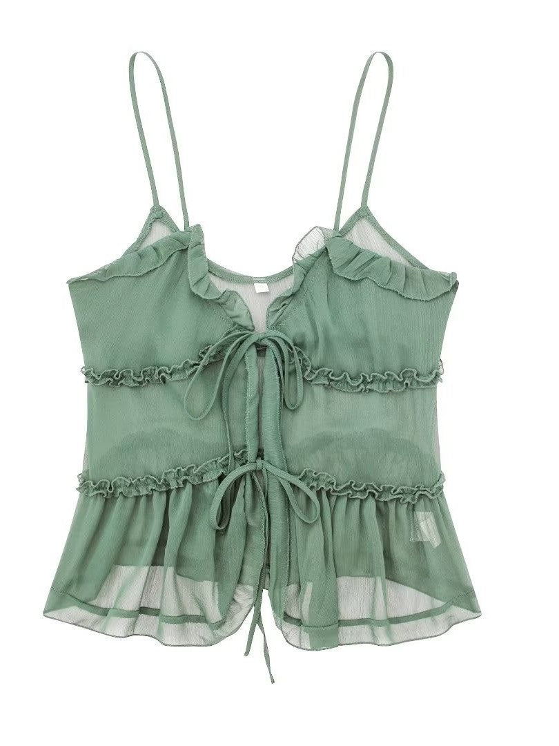 PINK RUFFLED TIE-FRONT CAMISOLE WITH CHIC LAYERED DESIGN