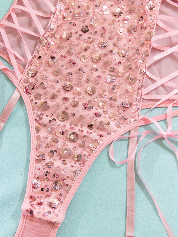 Pink sequined hip-lifting waist-slimming butterfly strap sexy jumpsuit