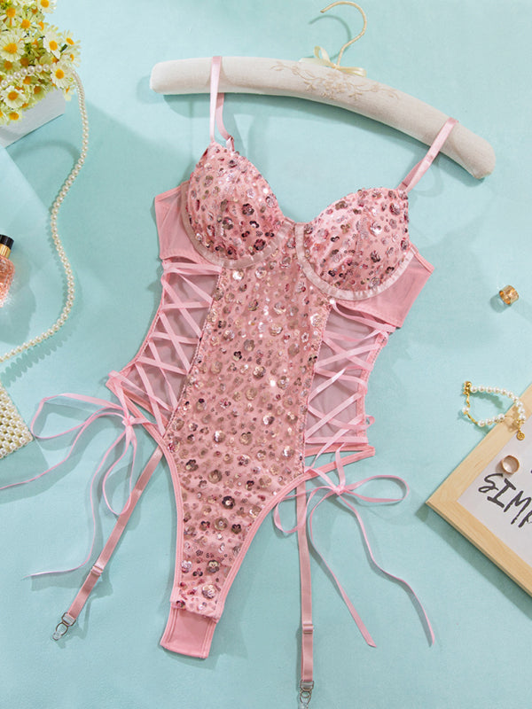 Pink sequined hip-lifting waist-slimming butterfly strap sexy jumpsuit