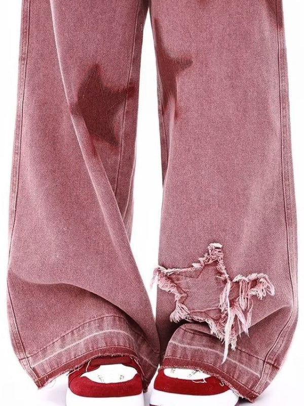 PINK STAR-PATTERNED WIDE-LEG JEANS WITH RAW EDGE DESIGN Y2K STYLE