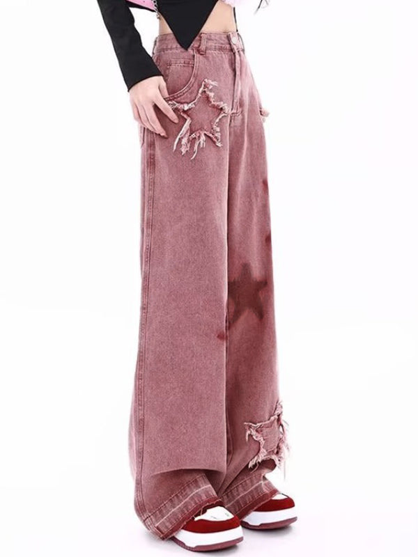 PINK STAR-PATTERNED WIDE-LEG JEANS WITH RAW EDGE DESIGN Y2K STYLE