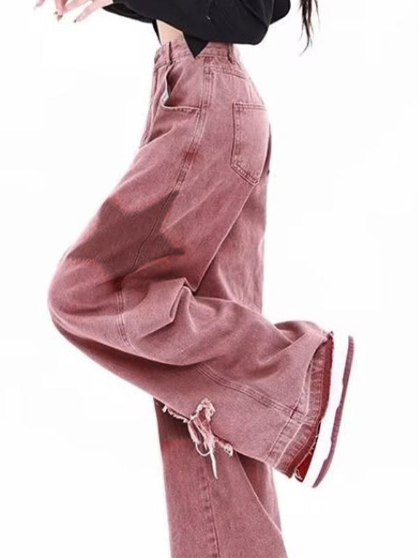 PINK STAR-PATTERNED WIDE-LEG JEANS WITH RAW EDGE DESIGN Y2K STYLE