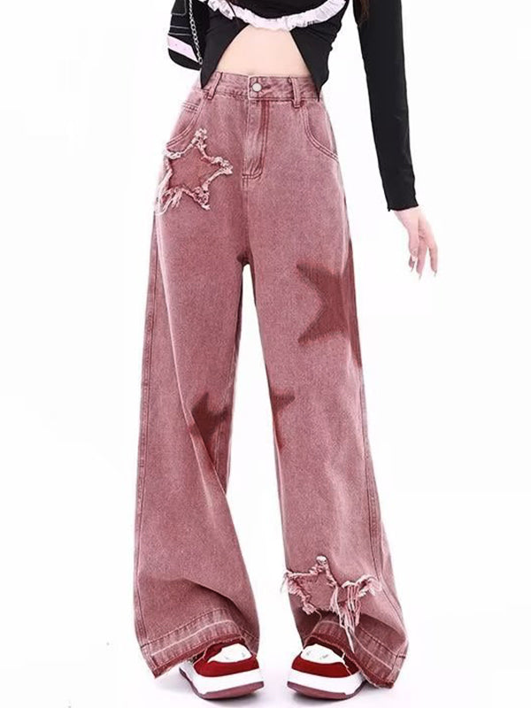 PINK STAR-PATTERNED WIDE-LEG JEANS WITH RAW EDGE DESIGN Y2K STYLE