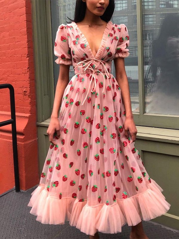 PINK STRAWBERRY-PATTERNED TULLE DRESS WITH SEQUIN STRAWBERRYA ACCENTS
