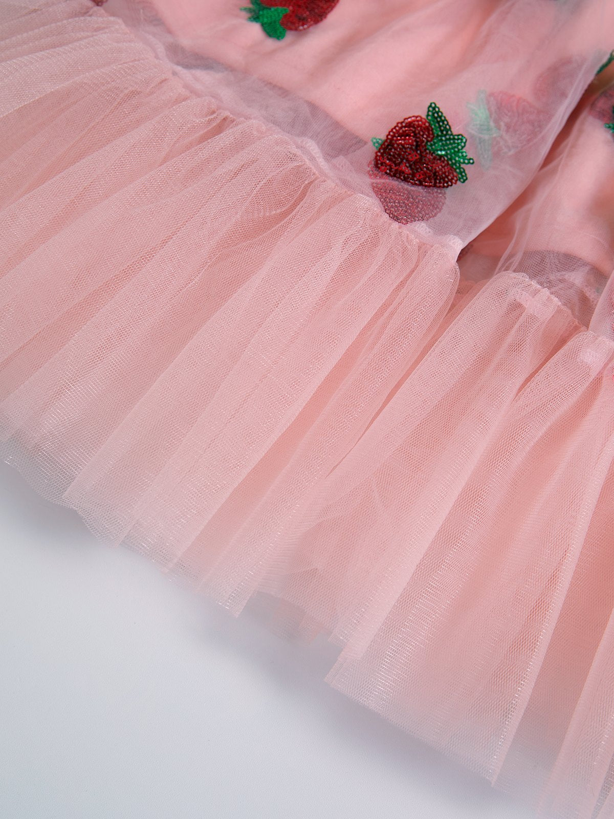 PINK STRAWBERRY-PATTERNED TULLE DRESS WITH SEQUIN STRAWBERRYA ACCENTS