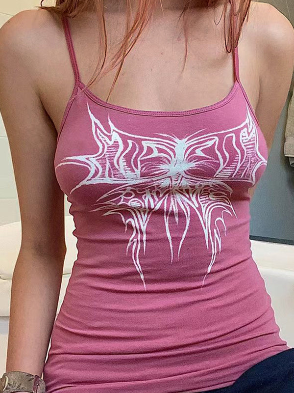 PINK TANK TOP WITH STUNNING BUTTERFLY PATTERN CONTRAST CAMISOLE