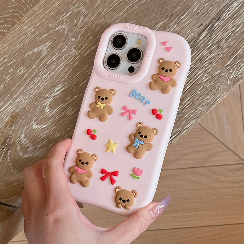 PINK TEDDY BEAR BOWS IPHONE CASE WITH CUTE BEAR DECORATIONS