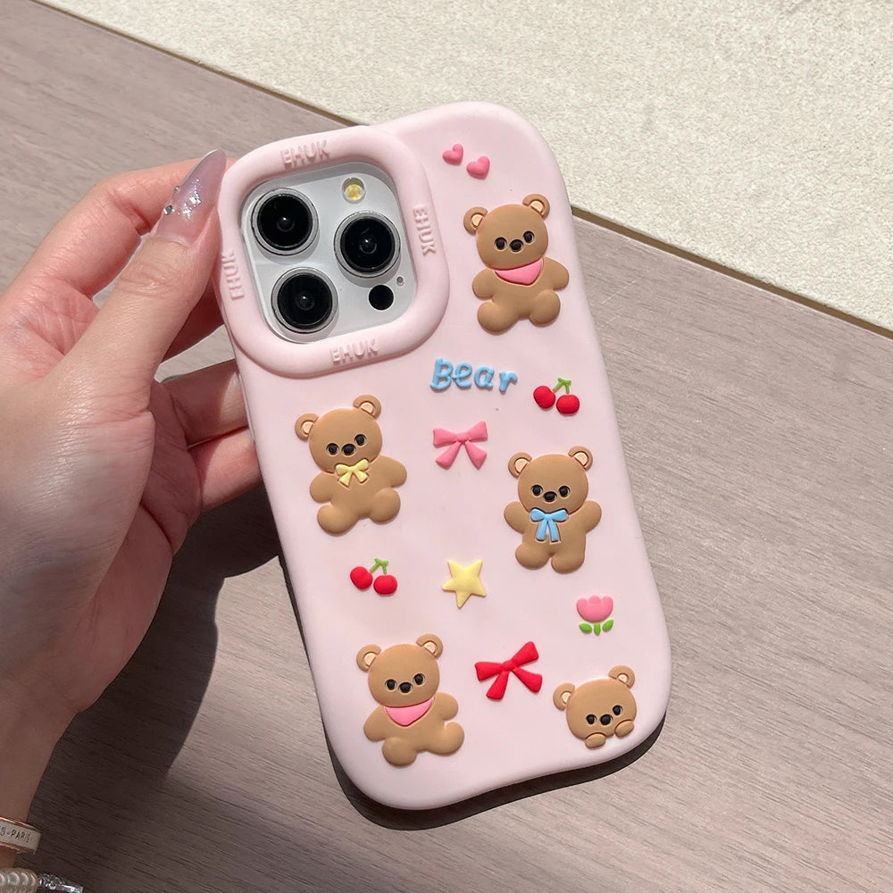 PINK TEDDY BEAR BOWS IPHONE CASE WITH CUTE BEAR DECORATIONS