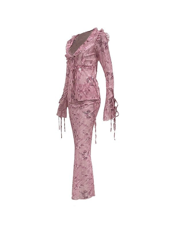 PINK TIE-FRONT TWO-PIECE SET - SLIM FIT TOP AND SKIRT SET