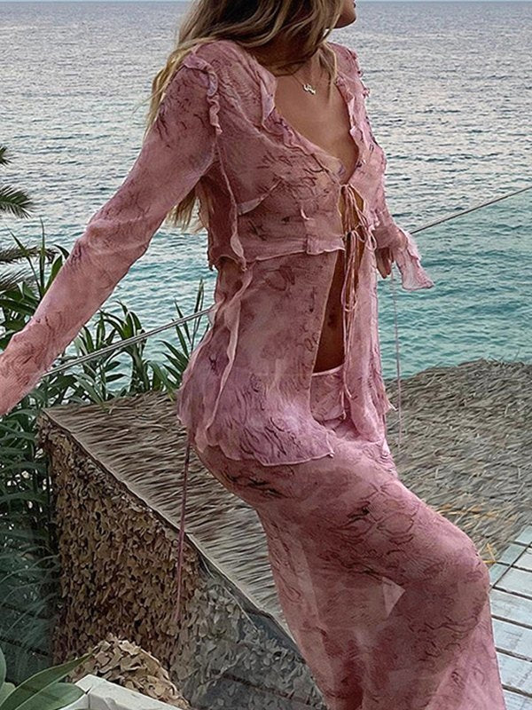 PINK TIE-FRONT TWO-PIECE SET - SLIM FIT TOP AND SKIRT SET