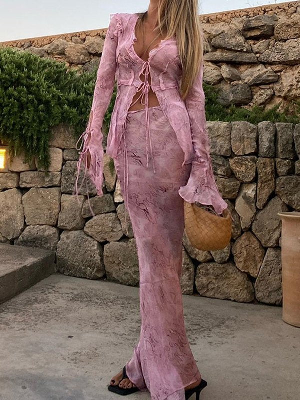 PINK TIE-FRONT TWO-PIECE SET - SLIM FIT TOP AND SKIRT SET