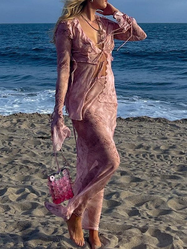 PINK TIE-FRONT TWO-PIECE SET - SLIM FIT TOP AND SKIRT SET