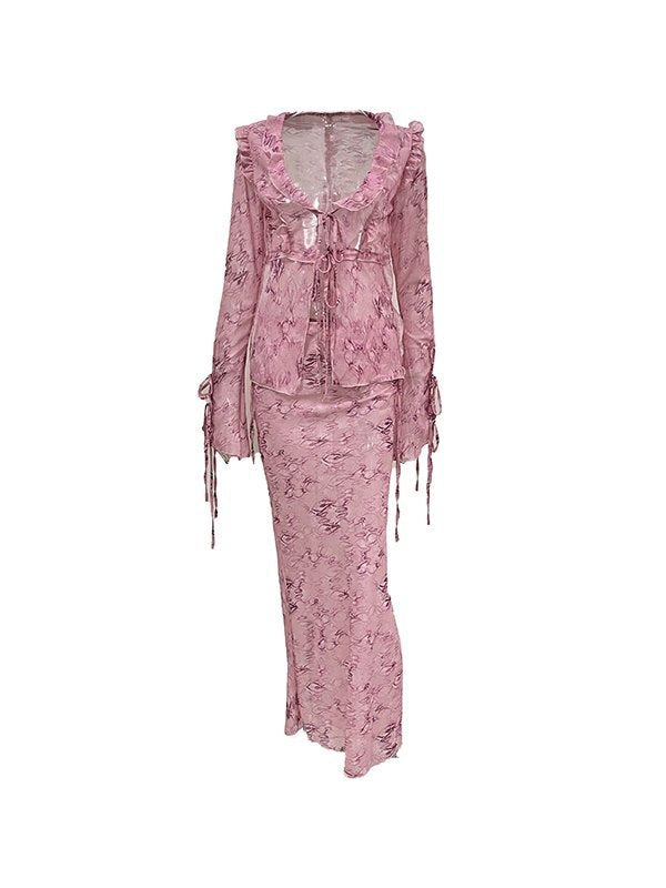 PINK TIE-FRONT TWO-PIECE SET - SLIM FIT TOP AND SKIRT SET