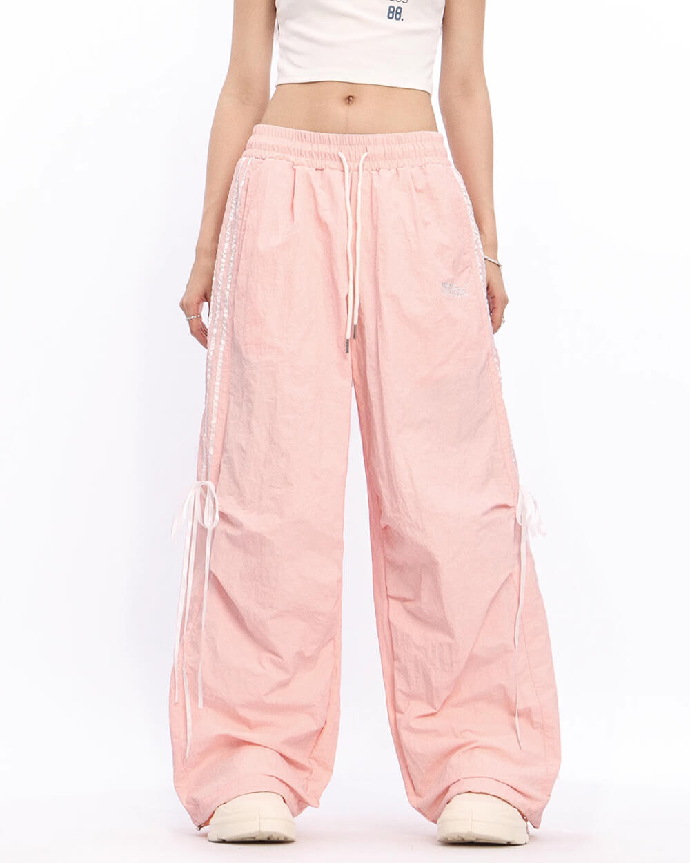 PINK WIDE LEG TROUSERS ADJUSTABLE RUCHED TIES