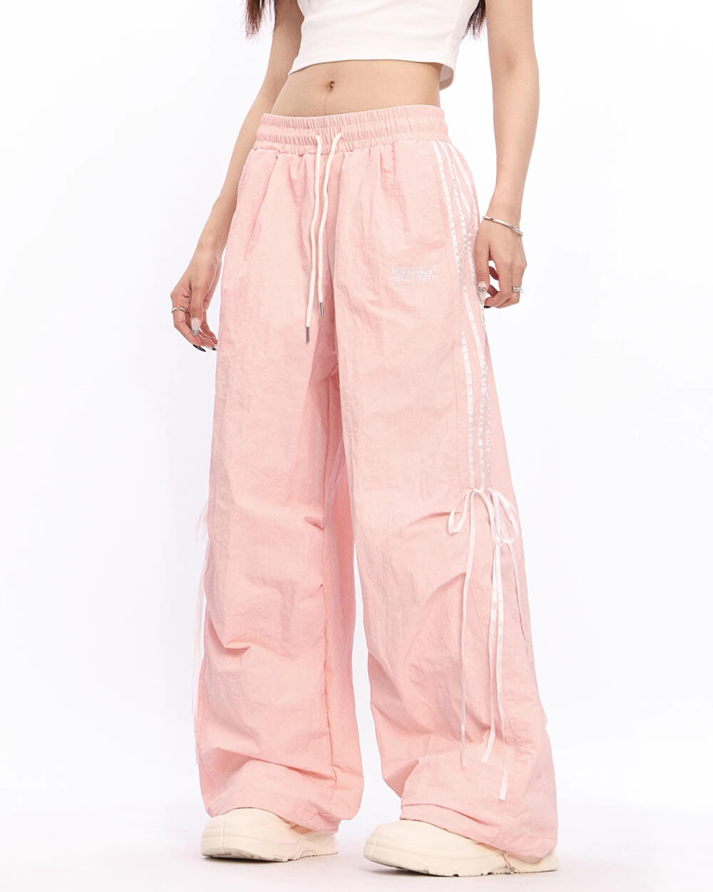 PINK WIDE LEG TROUSERS ADJUSTABLE RUCHED TIES