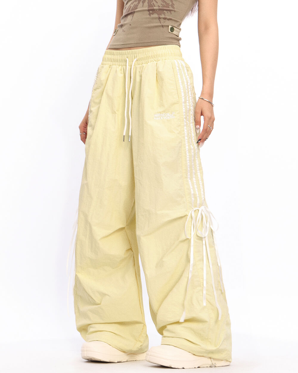 PINK WIDE LEG TROUSERS ADJUSTABLE RUCHED TIES