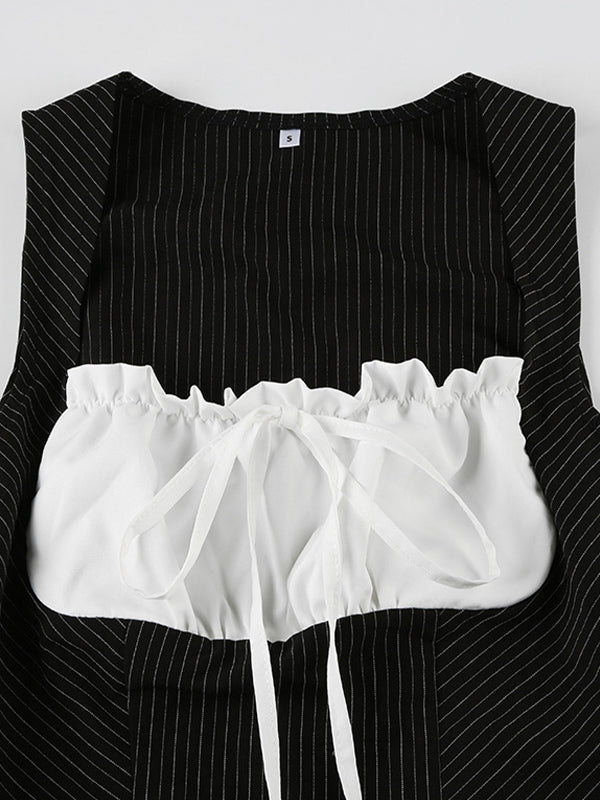 PINSTRIPE CORSET TOP WITH RUFFLE DETAIL AND SLIM FIT SLEEVELESS DESIGN