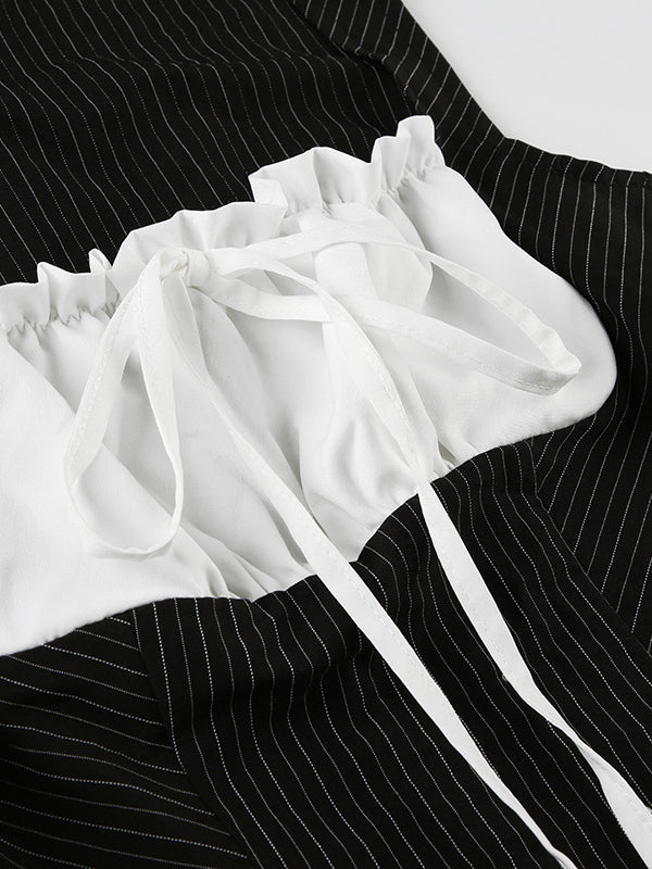 PINSTRIPE CORSET TOP WITH RUFFLE DETAIL AND SLIM FIT SLEEVELESS DESIGN
