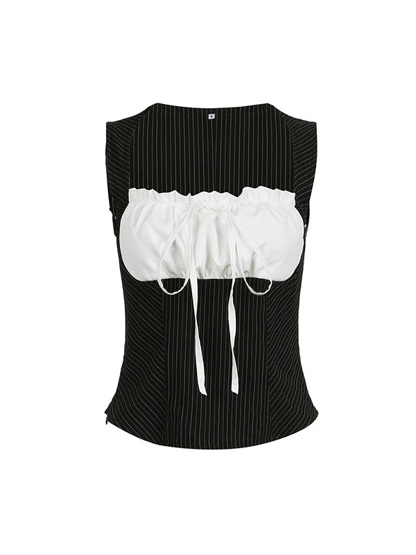 PINSTRIPE CORSET TOP WITH RUFFLE DETAIL AND SLIM FIT SLEEVELESS DESIGN