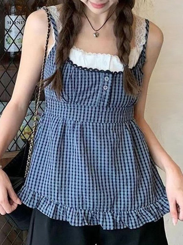 PLAID CAMISOLE TOP WITH LACE TRIM IN BLUE AND WHITE CHECK DESIGN