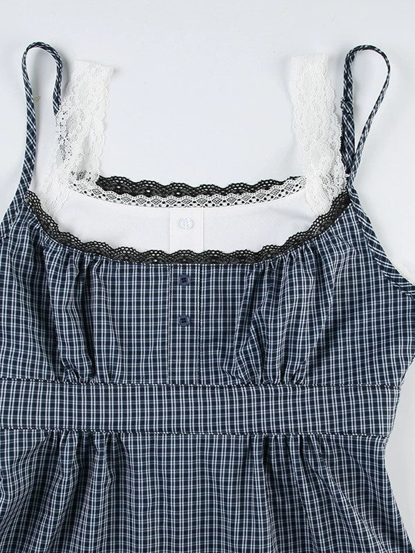 PLAID CAMISOLE TOP WITH LACE TRIM IN BLUE AND WHITE CHECK DESIGN