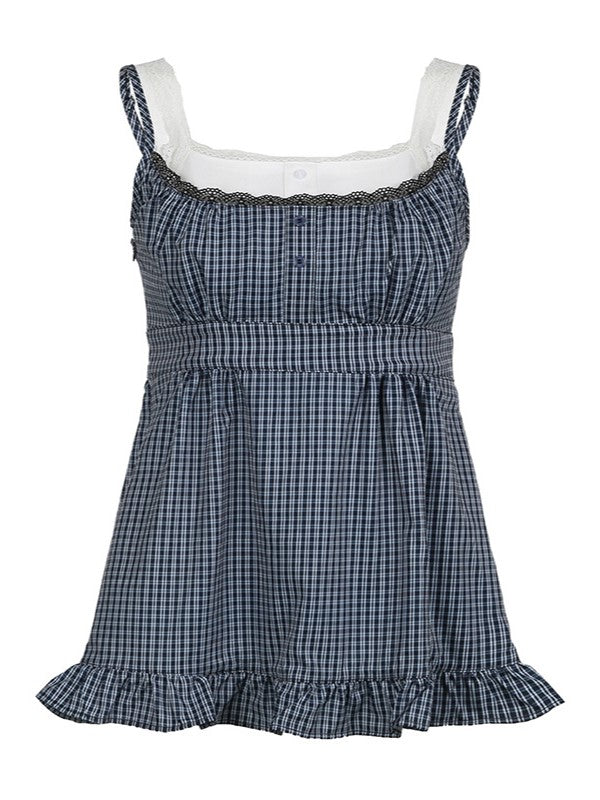 PLAID CAMISOLE TOP WITH LACE TRIM IN BLUE AND WHITE CHECK DESIGN