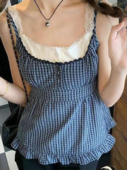 PLAID CAMISOLE TOP WITH LACE TRIM IN BLUE AND WHITE CHECK DESIGN