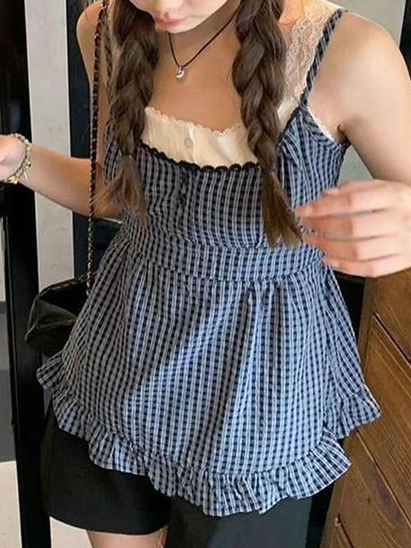 PLAID CAMISOLE TOP WITH LACE TRIM IN BLUE AND WHITE CHECK DESIGN