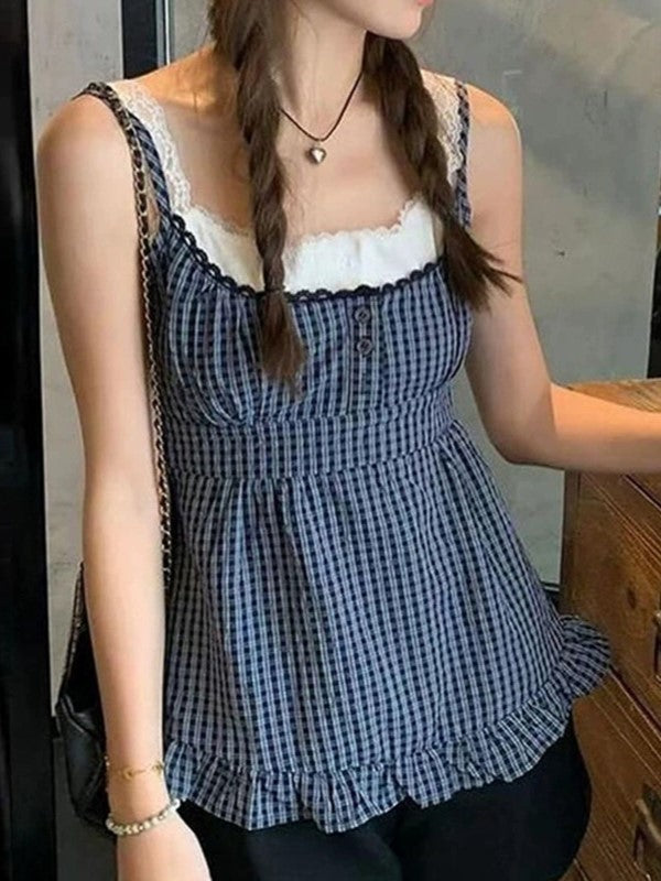 PLAID CAMISOLE TOP WITH LACE TRIM IN BLUE AND WHITE CHECK DESIGN