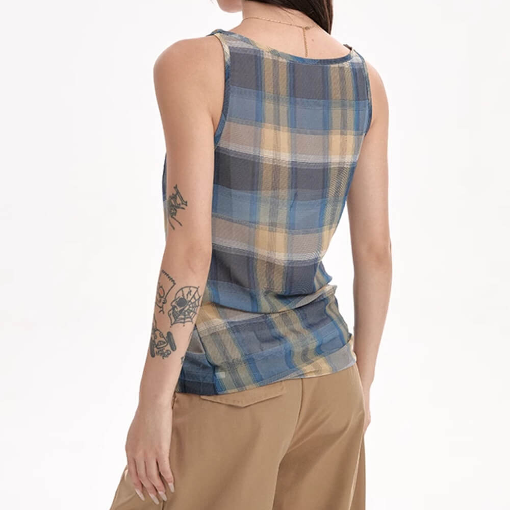 PLAID COWL NECK TANK TOP FOR WOMEN