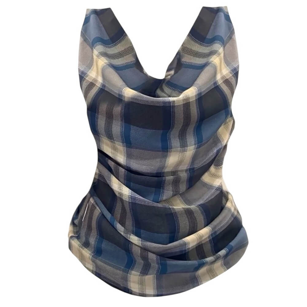 PLAID COWL NECK TANK TOP FOR WOMEN
