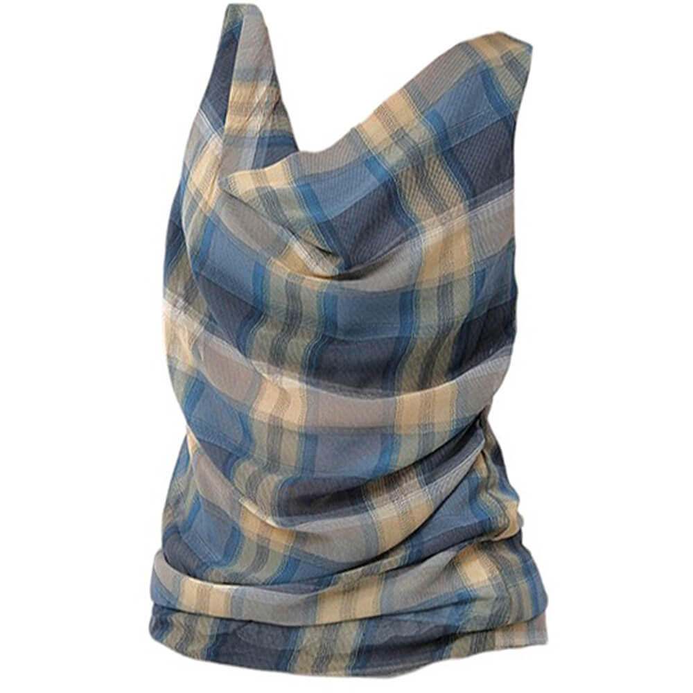 PLAID COWL NECK TANK TOP FOR WOMEN