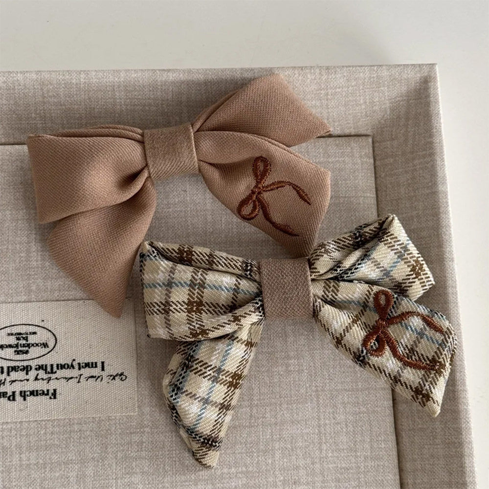 PLAID EMBROIDERED HAIR BOW SET VINTAGE HAIR BOW