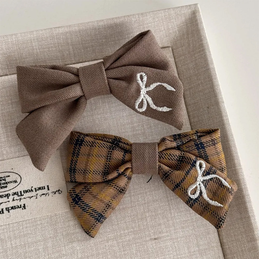 PLAID EMBROIDERED HAIR BOW SET VINTAGE HAIR BOW