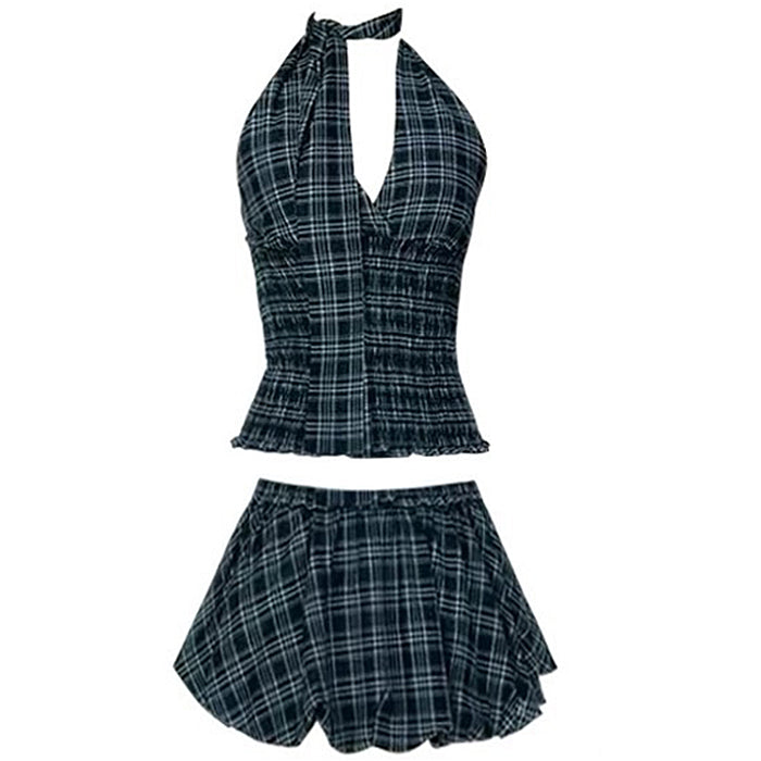 PLAID HALTER DRESS BUBBLE MINI SKIRT SET
