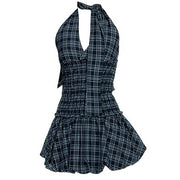 PLAID HALTER DRESS BUBBLE MINI SKIRT SET