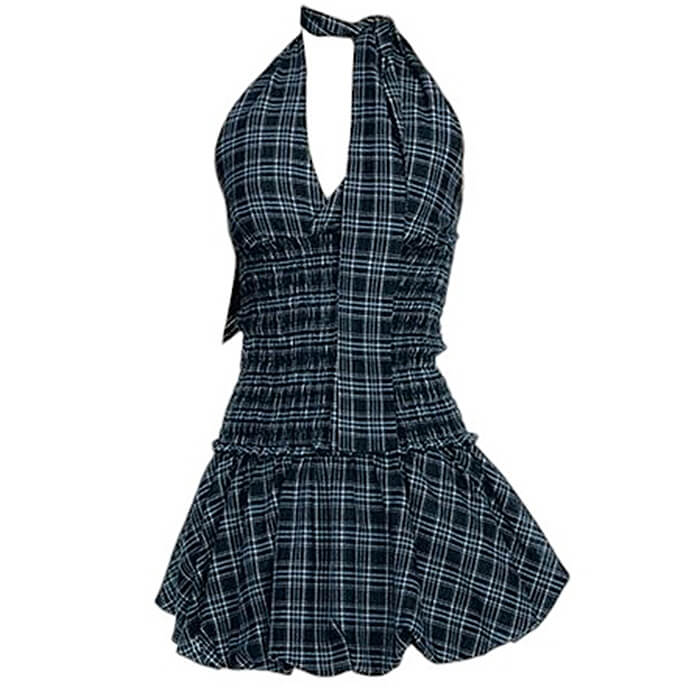 PLAID HALTER DRESS BUBBLE MINI SKIRT SET