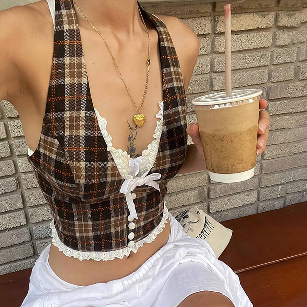 PLAID HALTER TOP VINTAGE LACE TRIM